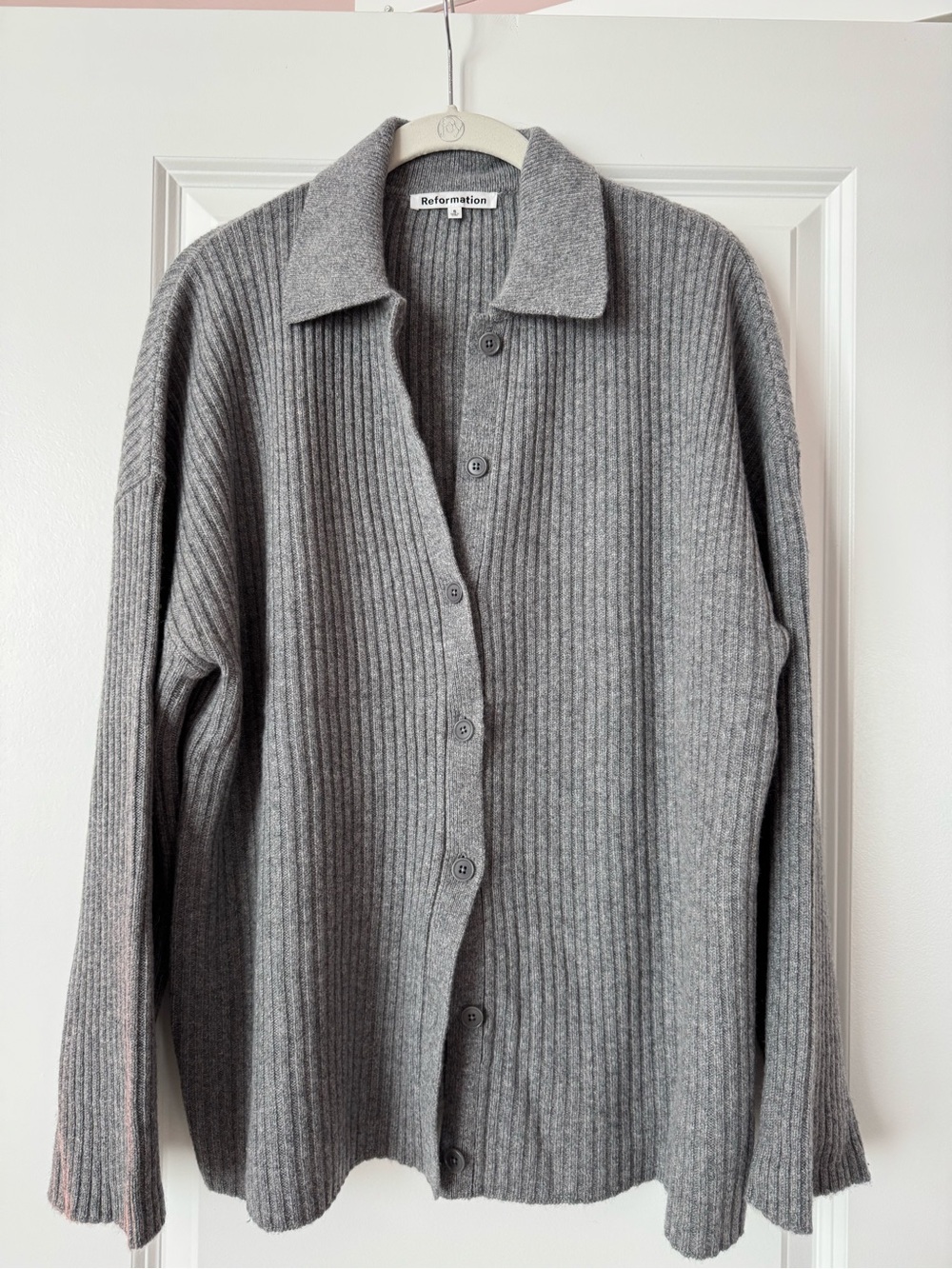 Reformation Grey Ribbed Button-Front Cardigan - Picture 3 of 5